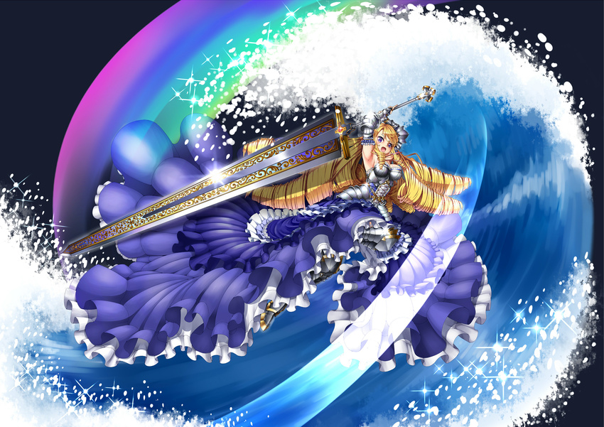 action_pose armored_dress blonde_hair blue_eyes copyright_request drill_hair gigantic_sword princess_knight rainbow_aura