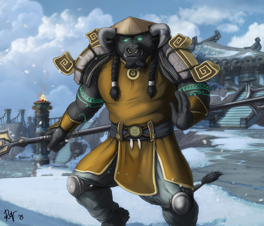 2015 3_fingers anthro armor beard biceps black_fur black_hair blue_sky bovine braided_hair cloth clothed clothing cloud day detailed_background digital_media_(artwork) facial_hair facial_piercing fighting_stance front_view fur glowing glowing_eyes green_eyes hair hat holding_object horn horn_ring katahe_wildmane knee_pads looking_at_viewer male mammal monk muscular muscular_male nose_piercing nose_ring outside pauldron piercing pigtails portrait pose rov septum_piercing signature sky snow snowing solo staff tail_tuft tattoo tauren temple three-quarter_portrait tuft tusks twin_braids video_games warcraft wristband