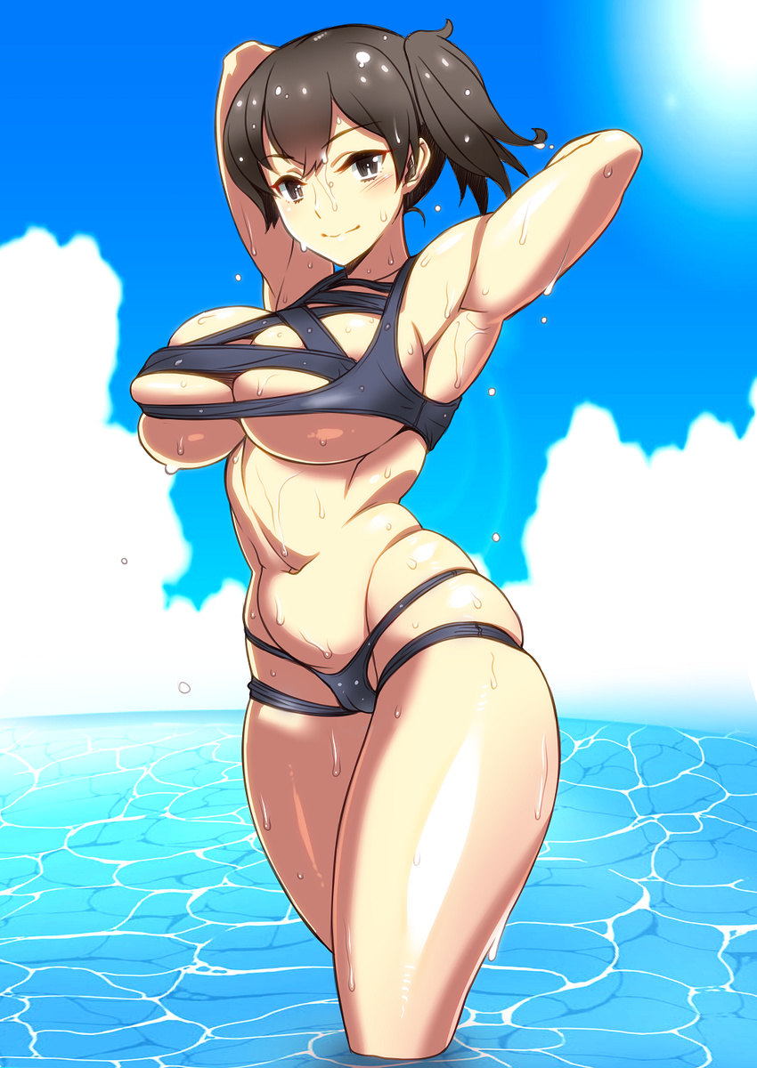 armpits breasts cleavage date_naoto highres kaga_(kantai_collection) kantai_collection large_breasts looking_at_viewer meme_attire rei_no_mizugi side_ponytail skindentation smile solo thighs wading water wet