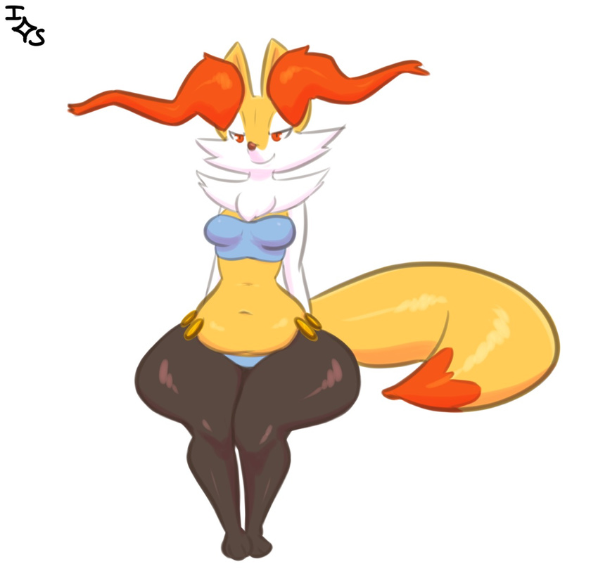 anthro braixen breasts clothing female immortalstar inner_ear_fluff mammal navel nintendo orange_eyes pok&eacute;mon pok&eacute;morph simple_background slightly_chubby smile solo swimsuit thick_thighs video_games white_background wide_hips