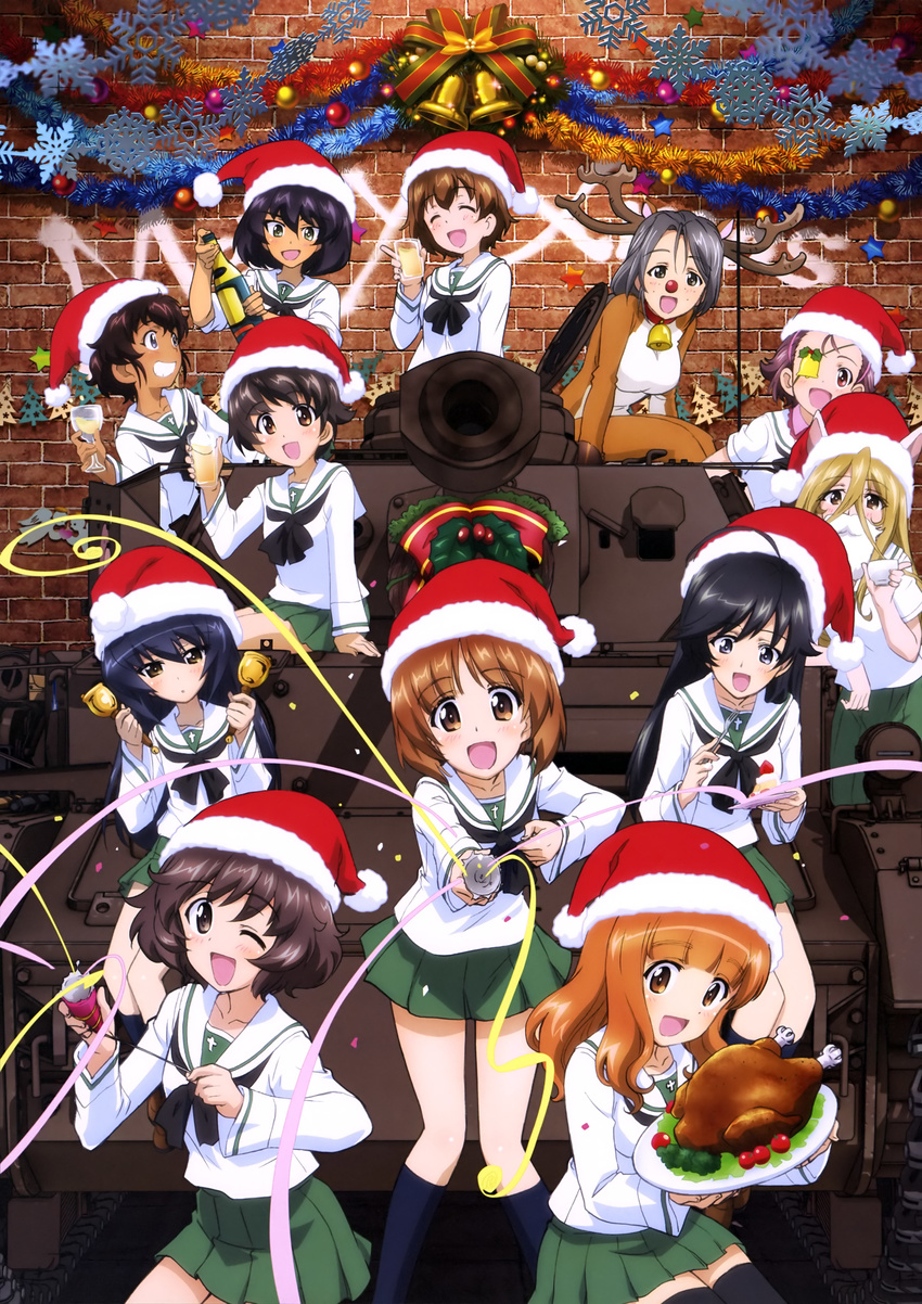 absurdres akiyama_yukari animal_costume black_eyes black_hair blonde_hair blouse brown_eyes brown_hair cake chicken_(food) eyepatch food girls_und_panzer green_skirt ground_vehicle hat highres hoshino_(girls_und_panzer) isuzu_hana long_hair long_sleeves military military_vehicle momogaa motor_vehicle multiple_girls nakajima_(girls_und_panzer) nekonyaa nishizumi_miho official_art ooarai_school_uniform panzerkampfwagen_iv piyotan reindeer_costume reizei_mako santa_hat short_hair skirt suzuki_(girls_und_panzer) takebe_saori tank tsuchiya_(girls_und_panzer) uniform white_blouse