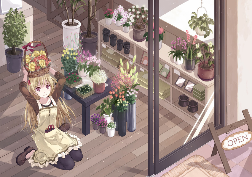 aliasing apron blonde_hair brown_eyes flowers long_hair original yakka