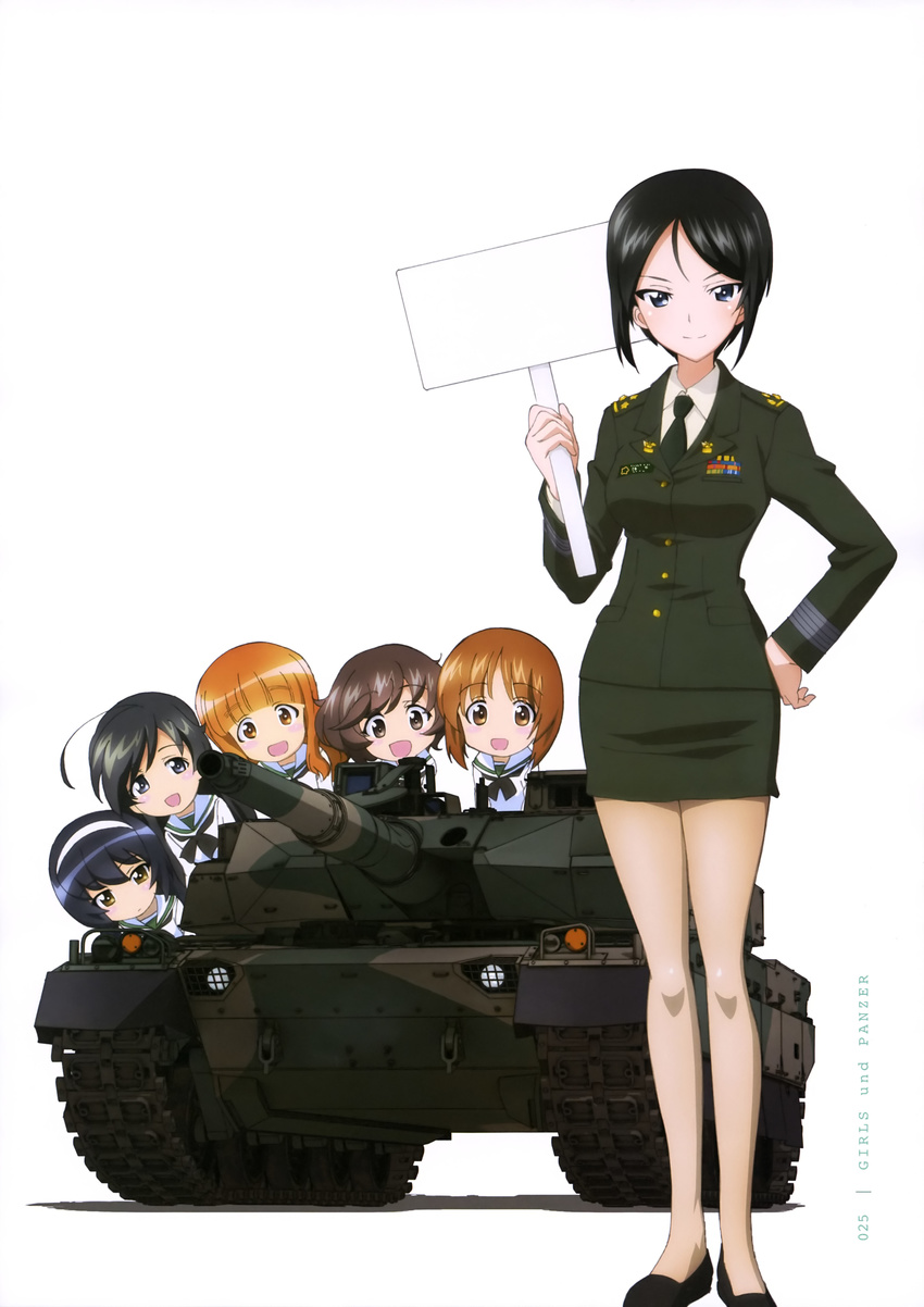 :d absurdres ahoge akiyama_yukari black_hair brown_eyes brown_hair chouno_ami copyright_name girls_und_panzer ground_vehicle hairband hand_on_hip highres isuzu_hana japan_ground_self-defense_force japan_self-defense_force looking_at_viewer military military_uniform military_vehicle motor_vehicle multiple_girls nishizumi_miho official_art ooarai_school_uniform open_mouth orange_hair pantyhose reizei_mako school_uniform serafuku sheer_legwear short_hair simple_background smile standing takebe_saori tank type_10_(tank) uniform weapon white_background yellow_eyes