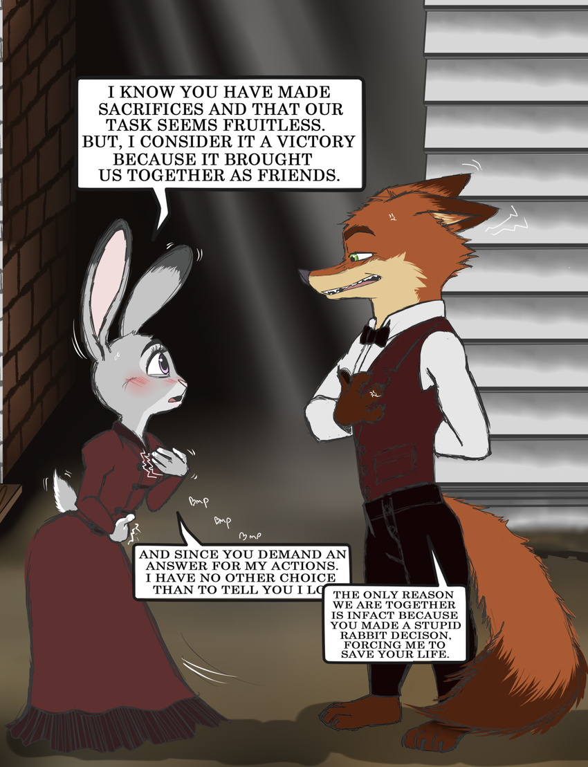 alternate_universe anthro canine clothed clothing comic dialogue digital_media_(artwork) disney fox hi_res judy_hopps lagomorph mammal nick_wilde progressoftomorrow rabbit text zootopia