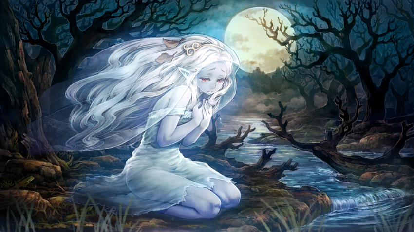 banshee_(dragon's_crown) bare_tree blue_skin crying dragon's_crown dress full_moon game_cg ghost hands_on_own_chest highres kneeling long_hair moon night official_art outdoors own_hands_together pointy_ears red_eyes see-through seiza shigatake sitting solo stream torn_clothes tree veil water white_hair yellow_moon