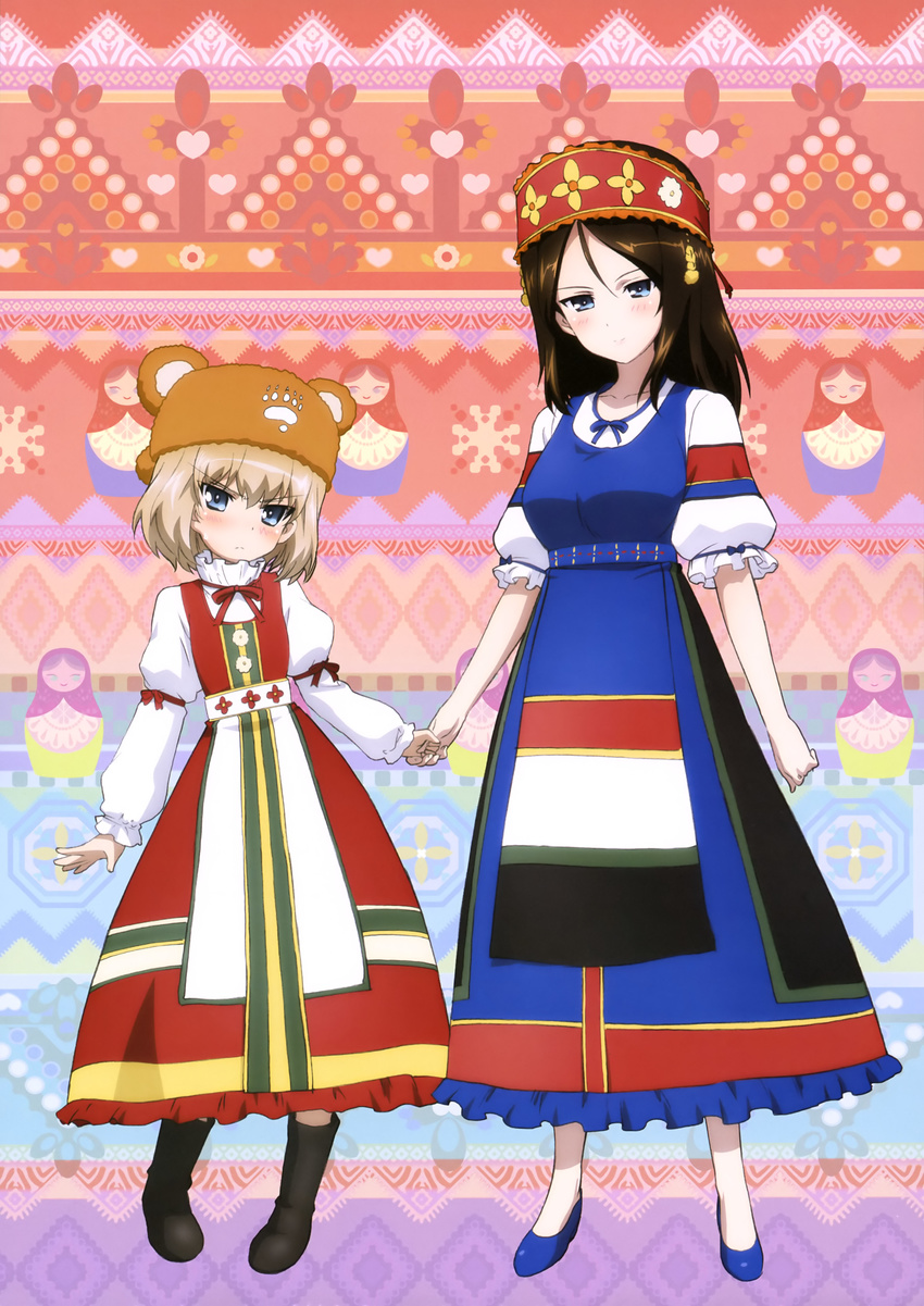 absurdres angry bangs bear_hat black_footwear black_hair blonde_hair blue_dress blue_eyes blue_footwear blush boots brown_hair brown_hat closed_mouth dress eyebrows_visible_through_hair flats frilled_dress frilled_sleeves frills frown girls_und_panzer hat headband highres holding_hands katyusha long_dress long_hair long_sleeves looking_at_viewer matryoshka_doll multicolored multicolored_background multicolored_clothes multicolored_dress multiple_girls nonna official_art paw_print red_dress red_hat russian_clothes shoes short_hair short_sleeves smile standing sweatdrop swept_bangs v-shaped_eyebrows