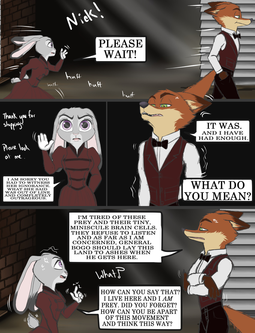 alternate_universe anthro canine clothed clothing comic dialogue digital_media_(artwork) disney fox hi_res judy_hopps lagomorph mammal nick_wilde progressoftomorrow rabbit text zootopia