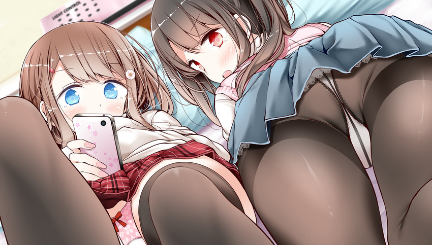 ass bed black_hair black_legwear blue_eyes brown_hair cellphone crotch_seam highres long_hair looking_at_viewer looking_back love_hotel lying multiple_girls on_back on_stomach oouso original panties panties_under_pantyhose pantyhose pantyshot pantyshot_(lying) phone pillow red_eyes skirt smartphone thighband_pantyhose thighhighs twintails underwear upskirt
