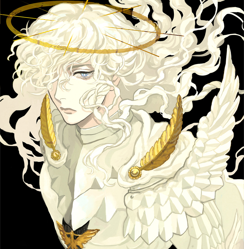 berserk blue_eyes feathers frown griffith hair_over_one_eye halo highres long_hair male_focus solo supocon uniform upper_body wavy_hair white_hair