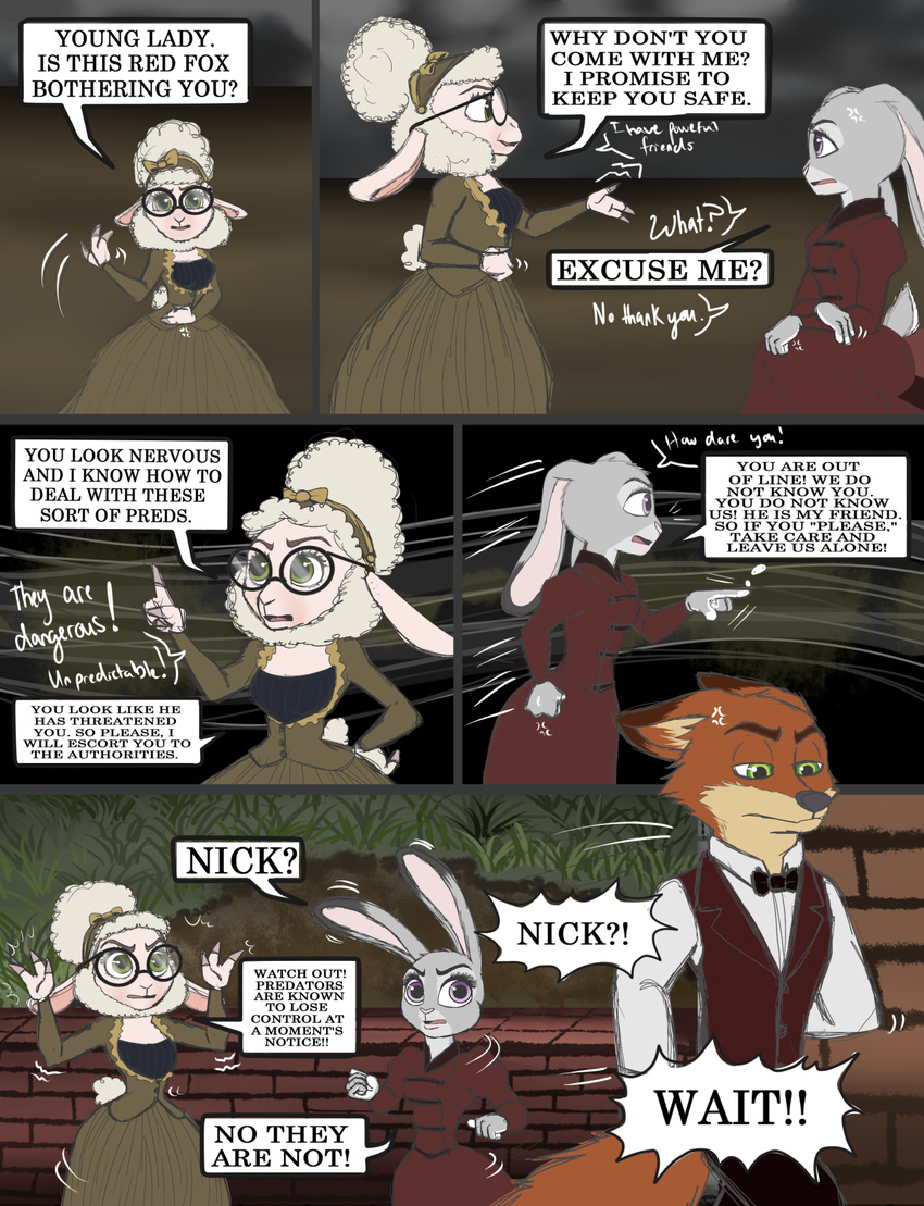 alternate_universe anthro canine caprine clothed clothing comic dawn_bellwether dialogue digital_media_(artwork) disney fox hi_res judy_hopps lagomorph mammal nick_wilde progressoftomorrow rabbit sheep text zootopia