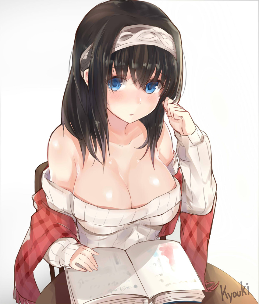 bare_shoulders black_hair blue_eyes blush book breasts hairband highres idolmaster idolmaster_cinderella_girls kyouki large_breasts long_hair looking_at_viewer sagisawa_fumika shawl sketch solo