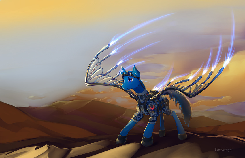 bionic_wings blue_eyes blue_fur clothed clothing day detailed_background equine fan_character feral flint fur horn horse male mammal my_little_pony outside pony sky smile solo standing unicorn viwrastupr