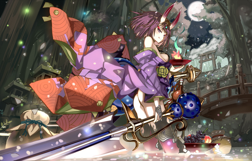 :q architecture ass bare_shoulders blush breasts bridge cleavage cup east_asian_architecture fate/grand_order fate_(series) fireflies food fruit gourd grapes horns huge_weapon japanese_clothes kimono light_particles long_sleeves looking_at_viewer obi off_shoulder oni oni_horns partially_submerged peach purple_eyes purple_hair river sakazuki sash shino_(eefy) short_hair shuten_douji_(fate/grand_order) small_breasts solo thighhighs tongue tongue_out torii weapon wide_sleeves