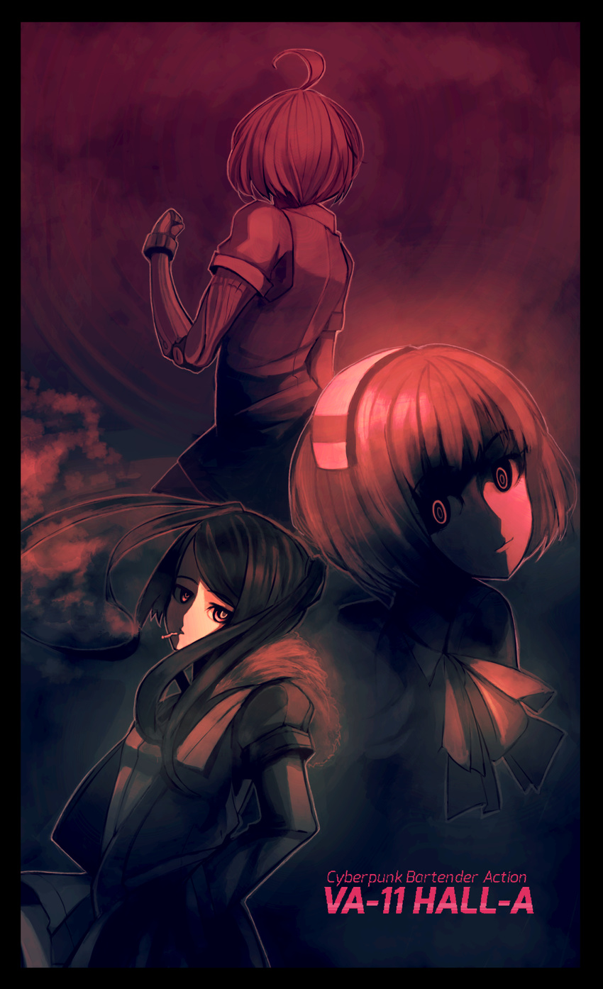 3girls ahoge amputee artist_request cigarette copyright_name dana_zane dorothy_(va-11_hall-a) fur_coat highres julianne_stingray long_hair looking_at_viewer mechanical_arm multiple_girls official_art pale_color ripples short_hair sidelocks twintails va-11_hall-a