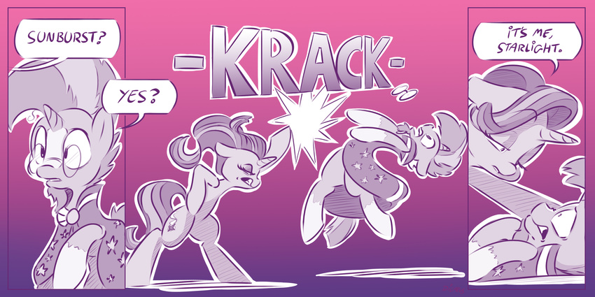 2016 cape clothing comic dilarus duo equine eyewear female friendship_is_magic glasses hi_res horn male mammal my_little_pony punch starlight_glimmer_(mlp) sunburst_(mlp) unicorn