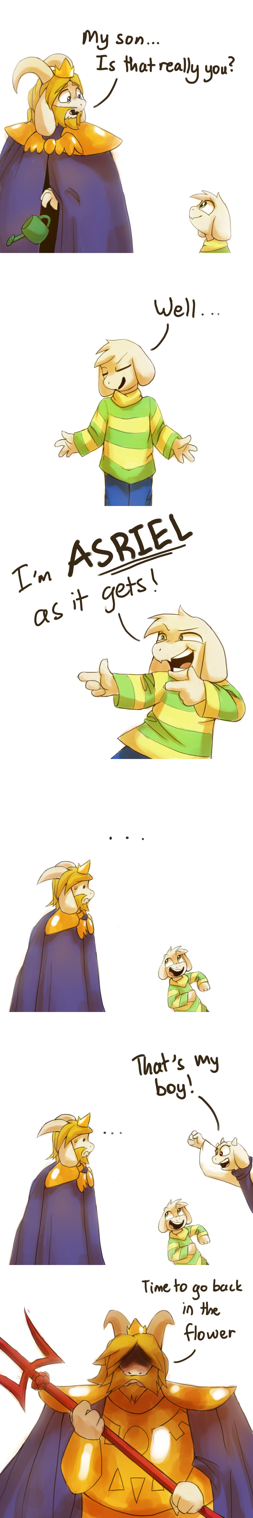 2015 anthro armor asgore_dreemurr asriel_dreemurr blonde_hair boss_monster cape caprine cheering child clothing comic crown facial_hair family father flower fur goat grin hair hi_res horn humanoid humor long_ears mammal melee_weapon mother overthestory parent plant polearm pun robe smile son text toriel trident unamused undertale video_games watering_can weapon white_fur young