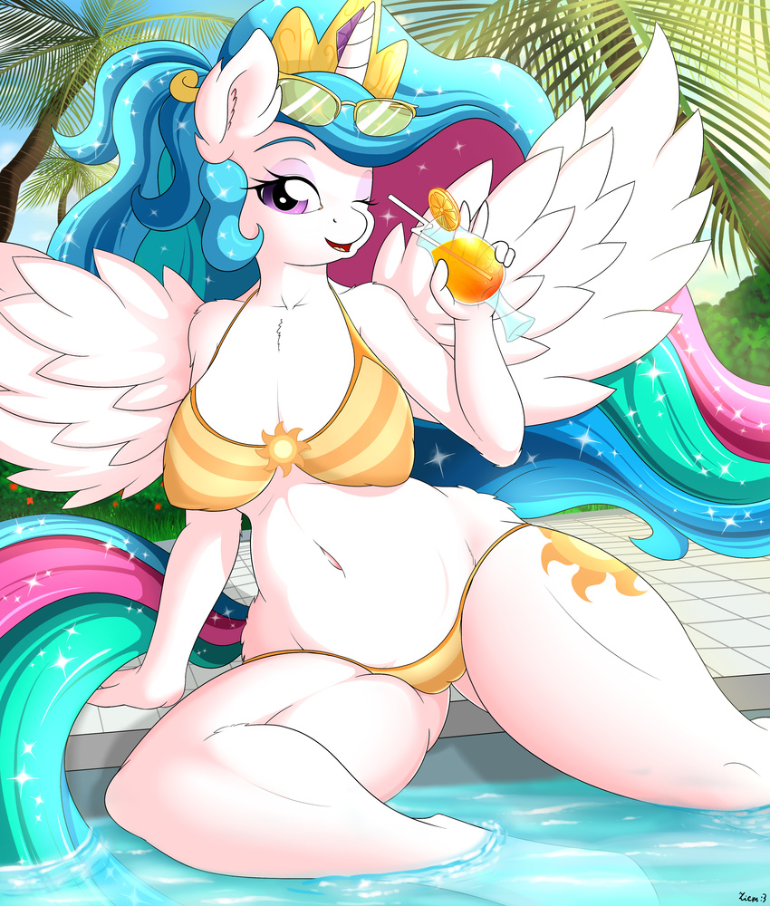 2016 anthro anthrofied bikini camel_toe clothing cutie_mark equine eyewear feathered_wings feathers female friendship_is_magic glass hair holding_object horn long_hair looking_at_viewer mammal multicolored_hair my_little_pony navel one_eye_closed open_mouth princess_celestia_(mlp) solo sunglasses swimsuit water winged_unicorn wings ziemniax