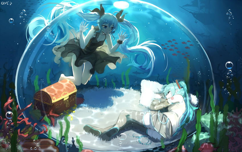 against_glass ahoge air_bubble alternate_costume arm_tattoo asymmetrical_clothes bai_yemeng bare_legs bare_shoulders barefoot black_dress black_legwear boots bubble carpet caustics coral crab detached_sleeves dome dress dual_persona encasement fish floating_hair gold grey_legwear hair_ornament hair_ribbon hatsune_miku in_bubble knees_together_feet_apart light_rays long_hair looking_at_another lying multiple_girls number_tattoo on_floor on_side pillow pleated_skirt ribbon seaweed shinkai_shoujo_(vocaloid) ship shirt sidelocks signature skirt sleeping sleeveless sleeveless_dress sleeveless_shirt spaghetti_strap starfish swimming tattoo thigh_boots thighhighs treasure_chest twintails underwater very_long_hair vocaloid watercraft wrist_cuffs