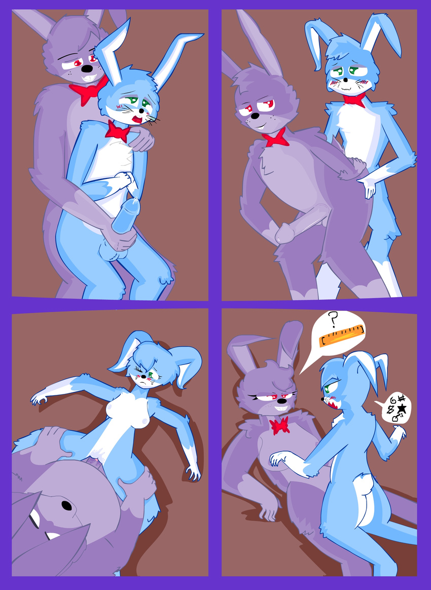 &gt;:( 2016 ? abstract_background anal anal_penetration angry animatronic anthro big_eyes black_nose blue_fur blush bonnie_(fnaf) breasts clitoris comic digital_media_(artwork) duo e-01_(artist) erection female five_nights_at_freddy's five_nights_at_freddy's_2 fur green_eyes hair humor lagomorph machine male male/female male/male mammal nipples nude open_mouth penetration penis precum purple_fur pussy pussy_juice rabbit red_eyes robot simple_background smile speech_bubble spreading tagme teeth toy_bonnie_(fnaf) vaginal vaginal_penetration video_games white_fur
