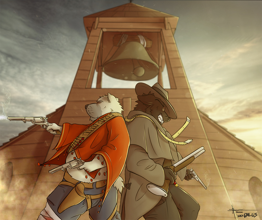 aennor aennor_(character) bear canine clothed clothing collaboration cowboy duo gun gunshot mammal nickdales nickdales_(character) ranged_weapon slightly_chubby weapon western wolf