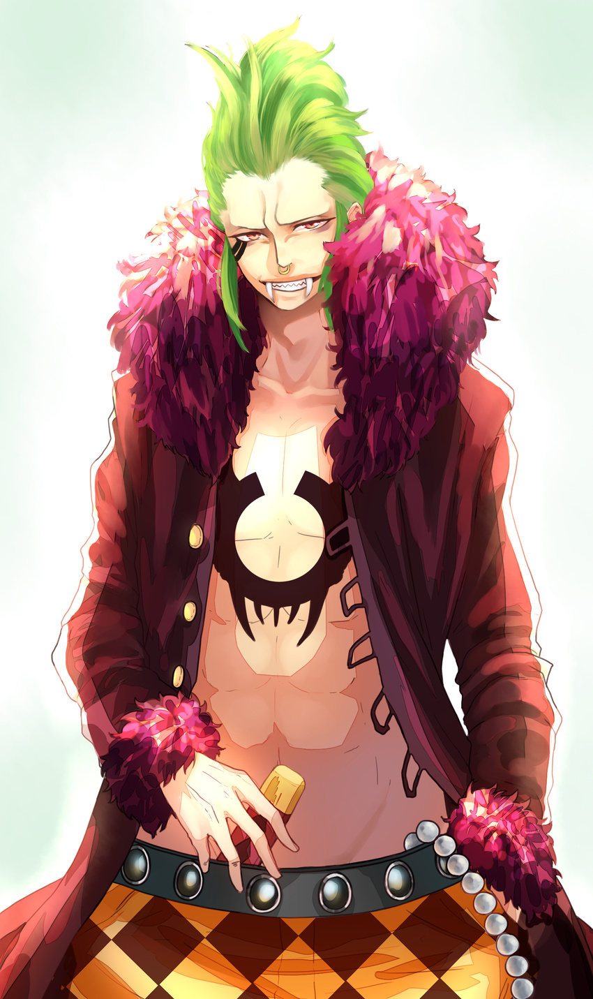 1boy bartolomeo green_hair hannitee male_focus one_piece open_clothes sharp_teeth solo tattoo tusks