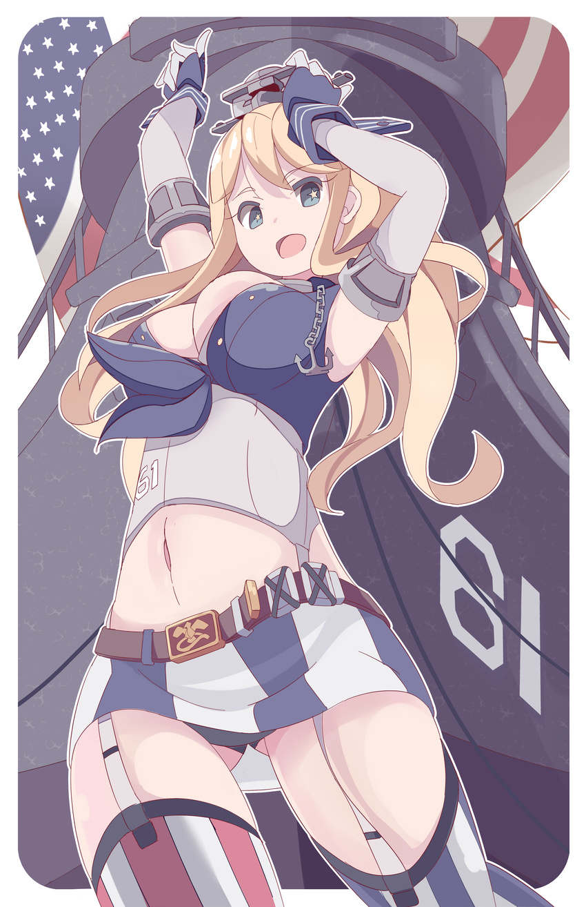 1girl absurdres american_flag arms_up ass_visible_through_thighs blonde_hair blue_eyes breasts commentary_request elbow_gloves fingerless_gloves garter_straps gloves hand_on_headwear hat highres historical_name_connection iowa_(kancolle) kantai_collection large_breasts long_hair military_vehicle miniskirt name_connection navel object_namesake open_mouth phibonnachee ship skirt solo star-shaped_pupils star_(symbol) striped_clothes striped_thighhighs symbol-shaped_pupils thighhighs uss_iowa_(bb-61) vehicle_and_personification warship watercraft
