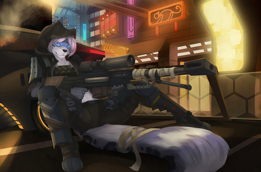 armor black_nose blue_eyes cat clothed clothing detailed_background feline female fluffy fluffy_tail gun hair looking_at_viewer mammal merrunz night pink_hair ranged_weapon solo spread_legs spreading weapon
