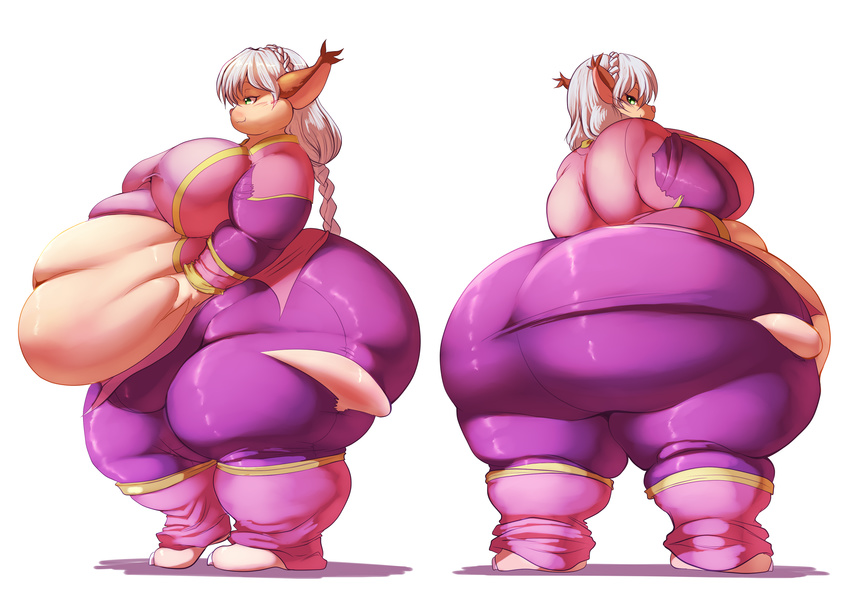 animal_humanoid anthro belly big_belly big_breasts big_butt blue_eyes breasts butt cat_humanoid clothed clothing feline female hair huge_breasts huge_butt humanoid hyper hyper_belly looking_back mammal obese overweight side_view simple_background smile solo sveta torn_clothing trinity-fate62