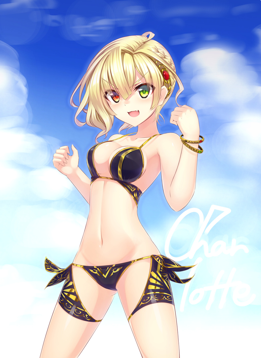 :d absurdres ahoge bare_arms bare_shoulders bikini black_bikini blonde_hair blue_sky bracelet braid breasts character_name charlotte_(shironeko_project) clenched_hand cloud collarbone cowboy_shot day emerald gem green_eyes hair_intakes heterochromia highres jewelry legs_apart looking_at_viewer medium_breasts murasame_shia navel open_mouth red_eyes ruby_(stone) shironeko_project side_braid sky smile solo stomach strap_gap swimsuit thigh_strap tsurime v-shaped_eyebrows