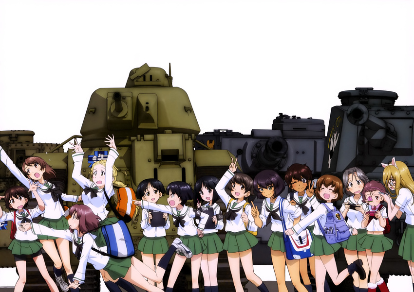 absurdres animal_ears anteater bag bike_shorts black_hair black_legwear black_shorts blonde_hair brown_eyes brown_hair cat_ears char_b1 closed_eyes collarbone dark_skin emblem eyepatch fake_animal_ears girls_und_panzer glasses gotou_moyoko green_eyes green_skirt grey_hair ground_vehicle hairband hand_on_hip handheld_game_console highres holding hoshino_(girls_und_panzer) index_finger_raised isobe_noriko kawanishi_shinobu kneehighs kondou_taeko konparu_nozomi leopon_(animal) long_hair midriff military military_vehicle momogaa motor_vehicle multiple_girls nakajima_(girls_und_panzer) navel nekonyaa official_art one_eye_closed ooarai_(emblem) ooarai_school_uniform pink_hairband piyotan pleated_skirt ponytail sasaki_akebi school_bag school_uniform shirt shorts shorts_under_skirt skirt socks sono_midoriko suzuki_(girls_und_panzer) tank tiger_(p) tsuchiya_(girls_und_panzer) type_3_chi-nu type_89_i-gou v white_shirt