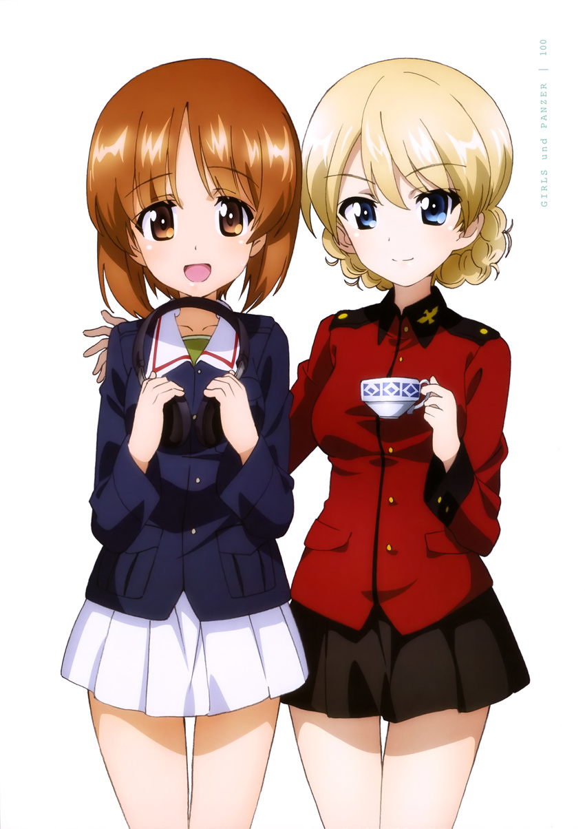 :d absurdres black_skirt blonde_hair blue_eyes braid brown_eyes brown_hair copyright_name cup darjeeling eyebrows eyebrows_visible_through_hair girls_und_panzer headphones headphones_removed highres holding_headphones looking_at_viewer military military_uniform miniskirt multiple_girls nishizumi_miho official_art ooarai_military_uniform open_mouth pleated_skirt short_hair skirt smile st._gloriana's_military_uniform teacup thighs uniform white_skirt