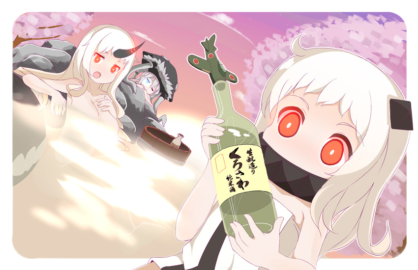 aircraft airplane blue_eyes bottle breast_suppress breasts bucket cherry_blossoms closed_mouth collarbone glowing head_tilt highres holding horn kantai_collection large_breasts long_hair miniature multiple_girls northern_ocean_hime one_eye_closed onsen phibonnachee red_eyes sake_bottle seaport_hime shinkaisei-kan tokkuri water white_hair wo-class_aircraft_carrier