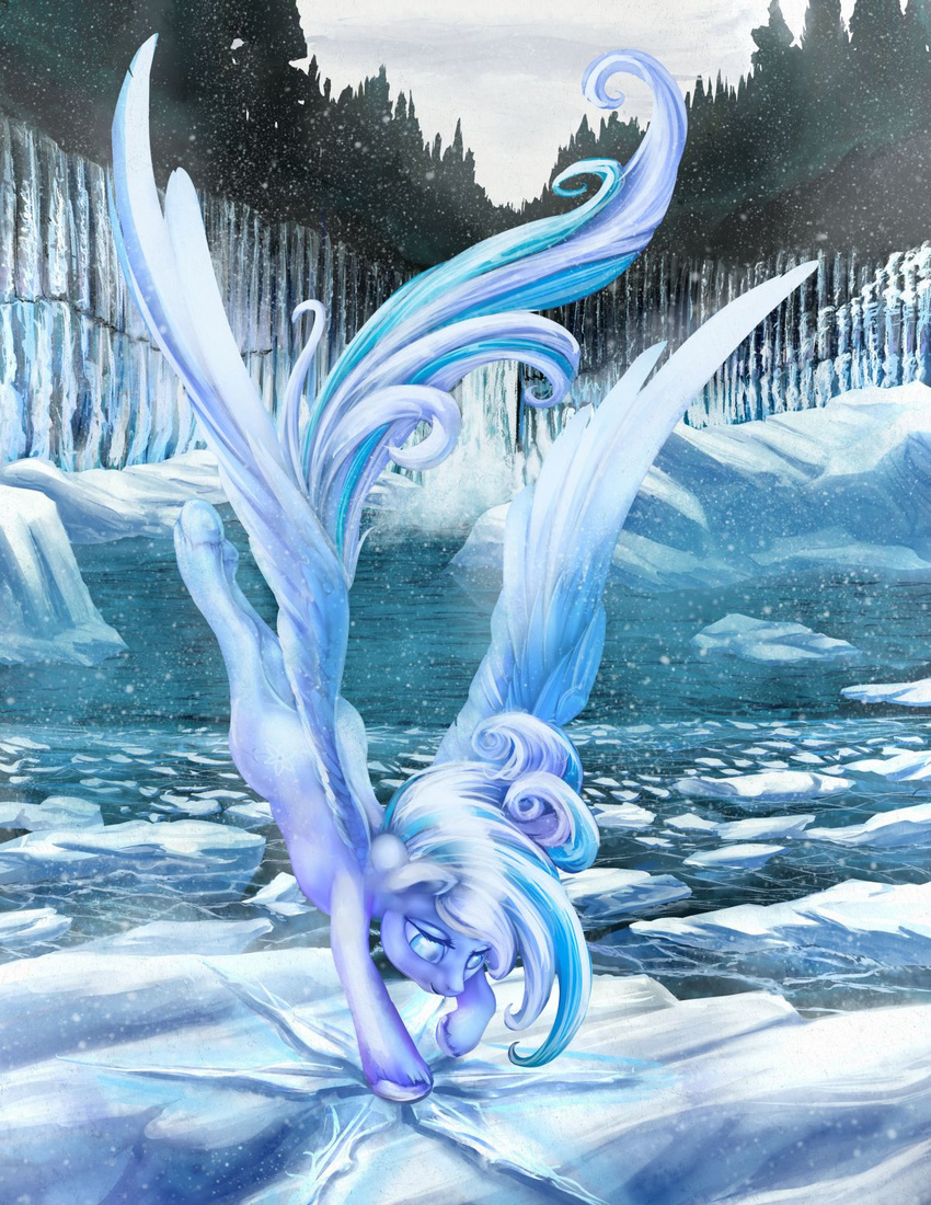 blue_hair cutie_mark day equine eyelashes fan_character feathered_wings feathers female feral flying fur hair hooves horse ice mammal my_little_pony nude outside pale_eyes pegasus pony sky smile snow snowdrop solo viwrastupr water white_feathers white_fur white_hair wings