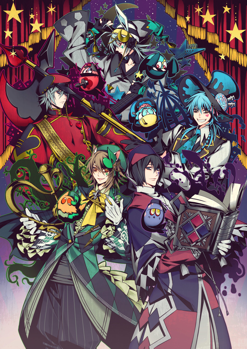 akira_(togainu_no_chi) anniversary axe beamed_eighth_notes black_hair blue_eyes blue_hair book brain_hatter_(nitro+_chiral) brown_hair cloak company_connection crescent crescent_hair_ornament curtains dramatical_murder eighth_note fairy_(nitro+_chiral) fez_hat ghost gloves good_night_(nitro+_chiral) guitar hair_ornament harp hat heart highres instrument inu_(nitro+_chiral) kisekiuo_(nitro+_chiral) konoe lamento male_focus multiple_boys musical_note naitou-kun nitro+_chiral official_art orange_eyes peaked_cap red_eyes ringed_eyes sakiyama_youji seragaki_aoba sharp_sign silver_hair sweet_pool syringe togainu_no_chi top_hat treble_clef weapon white_gloves yamada_uiro yellow_eyes