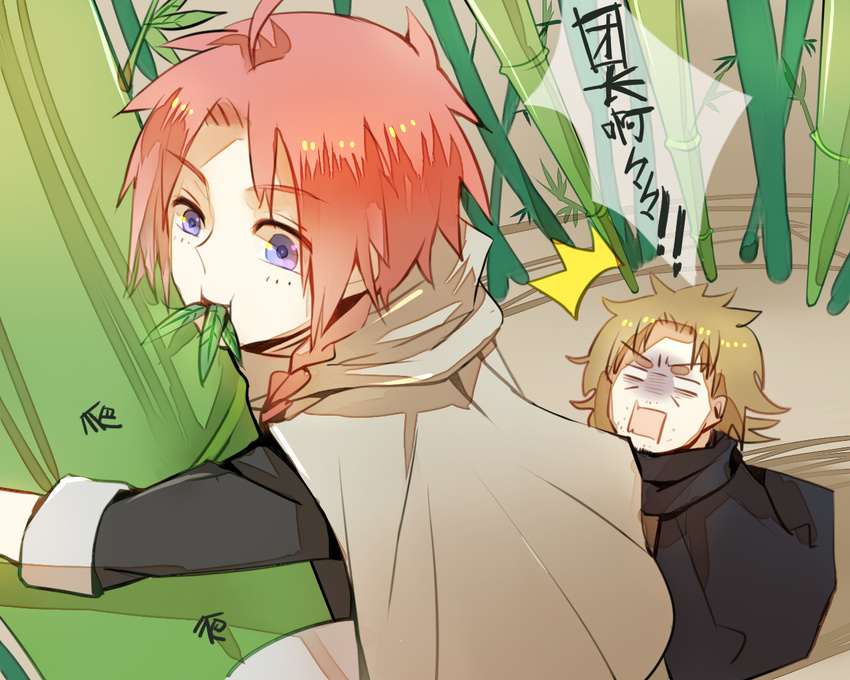 2boys abuto ahoge bamboo blue_eyes braid cape chinese_clothes eating food fruit gintama grass kamui_(gintama) long_hair male_focus multiple_boys nature orange_hair outdoors single_braid text_focus translated