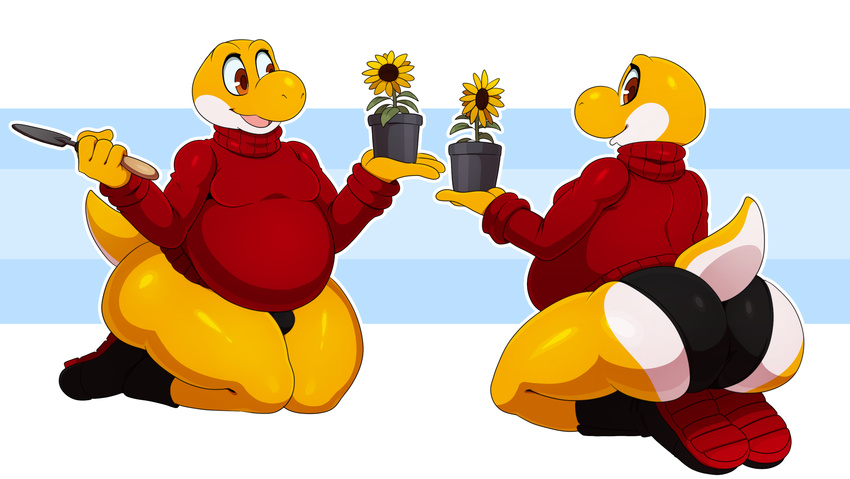 amber_eyes anthro belly big_butt bottomless butt clothed clothing fan_character male mario_bros nintendo overweight overweight_male plant sssonic2 sweater video_games yosher_(character) yoshi