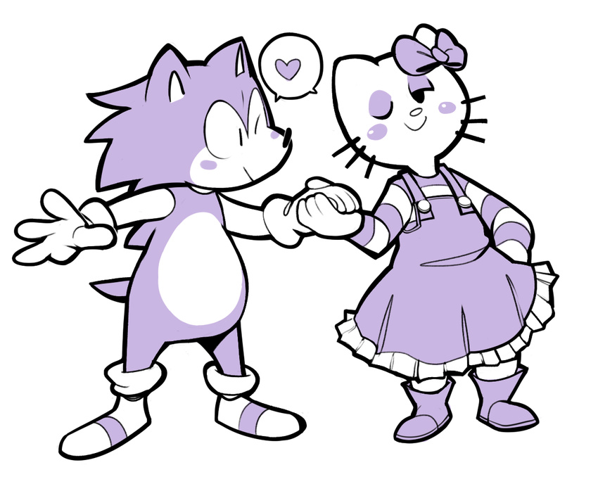 &lt;3 anthro blush cat clothing crossover dress duo feline female gloves hedgehog hello_kitty hello_kitty_(character) male mammal mangneto monochrome one_eye_closed sanrio sonic_(series) sonic_the_hedgehog speech_bubble