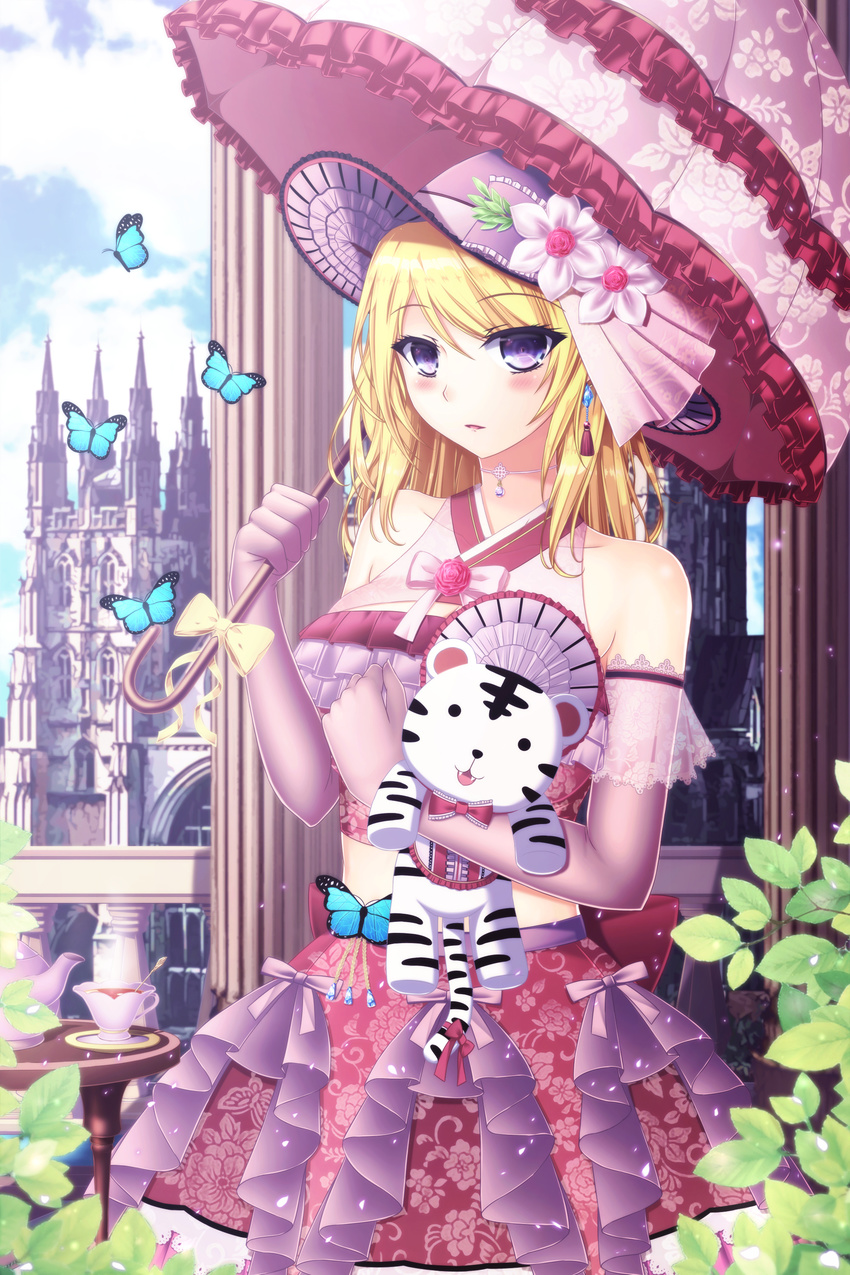 absurdres bad_id bad_pixiv_id bare_shoulders blonde_hair blue_sky blush bow breasts bug butterfly castle character_request cloud column cup dress elbow_gloves floral_print flower gloves hat hat_bow hat_flower highres holding holding_stuffed_animal insect looking_at_viewer medium_breasts p_mayuhime parasol pillar plant purple_eyes purple_gloves purple_hat railing sky solo standing stuffed_animal stuffed_toy sword_girls table teacup teapot umbrella