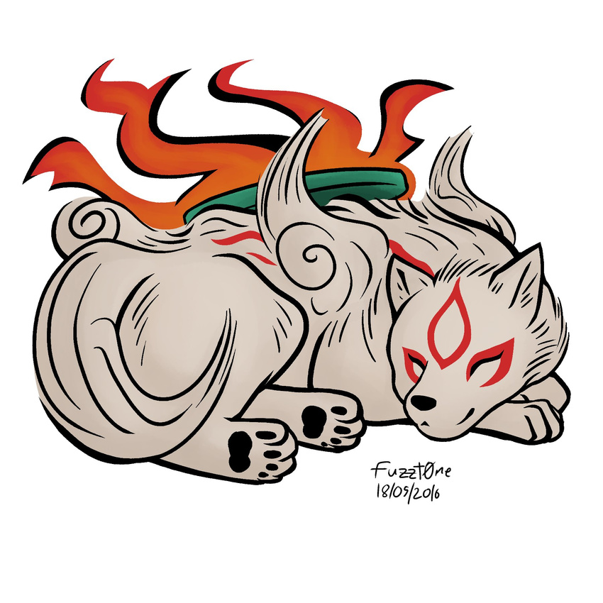 amaterasu ambiguous_gender canine deity feral fire fur fuzzt0ne mammal markings pawpads red_markings shield sleeping solo video_games white_fur wolf ōkami