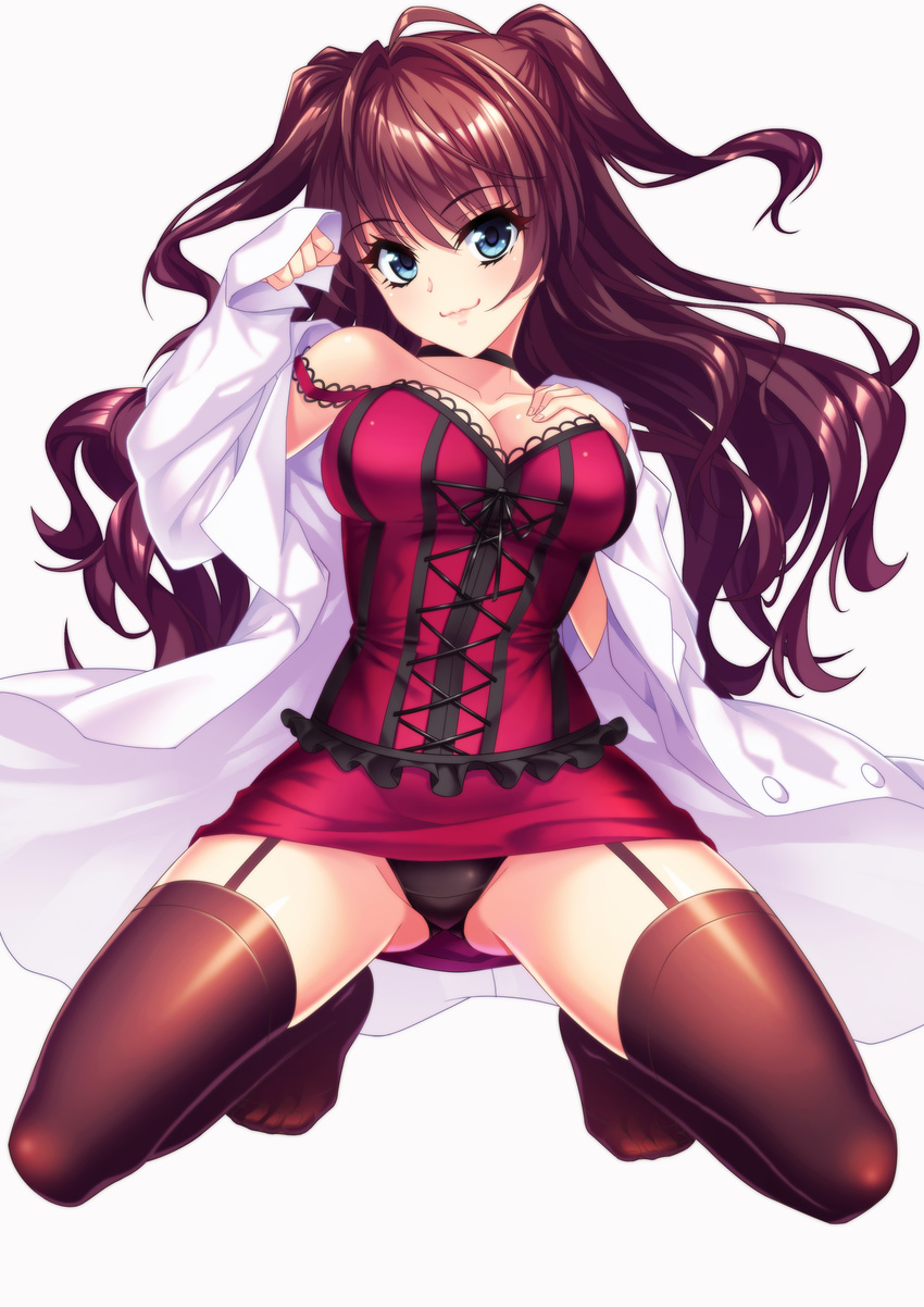 :3 absurdres ass_visible_through_thighs black_panties blue_eyes blush breasts brown_hair bustier cleavage garter_straps highres ichinose_shiki idolmaster idolmaster_cinderella_girls large_breasts long_hair looking_at_viewer miniskirt open_clothes open_shirt panties shirt simple_background skirt smile solo spread_legs strap_slip thighhighs underwear upskirt vixen8127