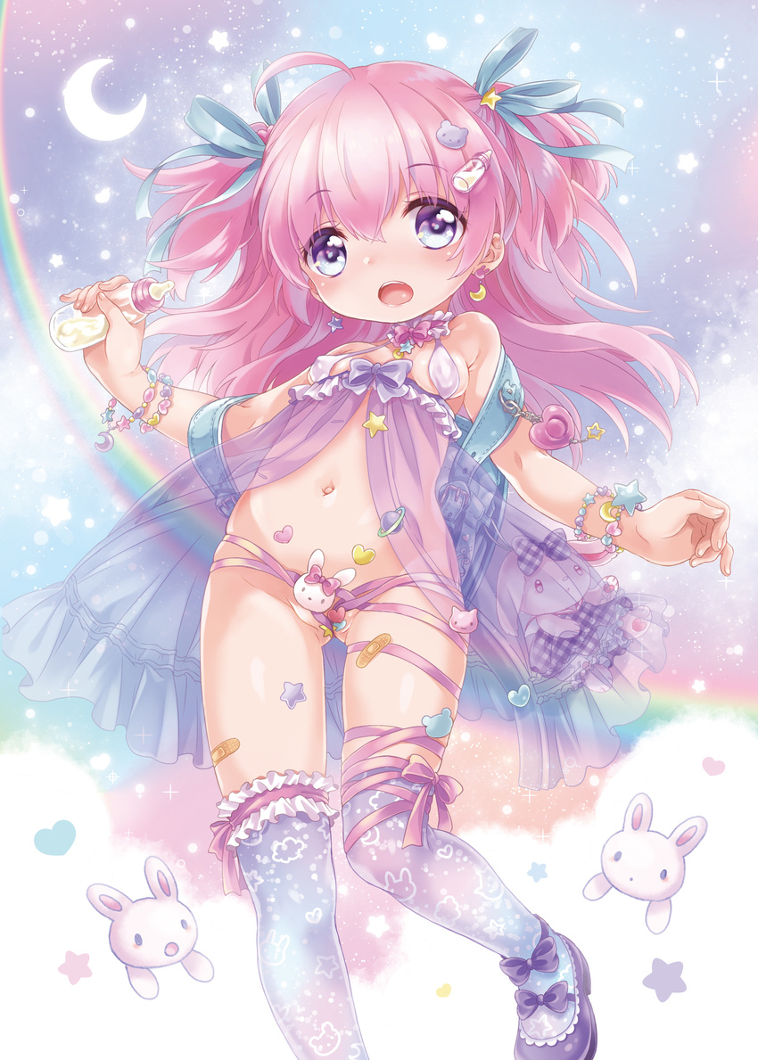 absurdres animal_print baby_bottle babydoll backpack bad_anatomy bad_id bad_pixiv_id bag bandaid bandaid_on_leg bikini_top bottle bottomless bracelet breasts bunny covered_nipples crescent_moon earrings hair_ornament hairclip highres jewelry konayama_kata long_hair mary_janes moon multicolored multicolored_clothes multicolored_legwear navel open_mouth original partially_visible_vulva pink_hair print_legwear purple_babydoll purple_eyes randoseru ribbon shoes small_breasts solo star star_print thighhighs two_side_up