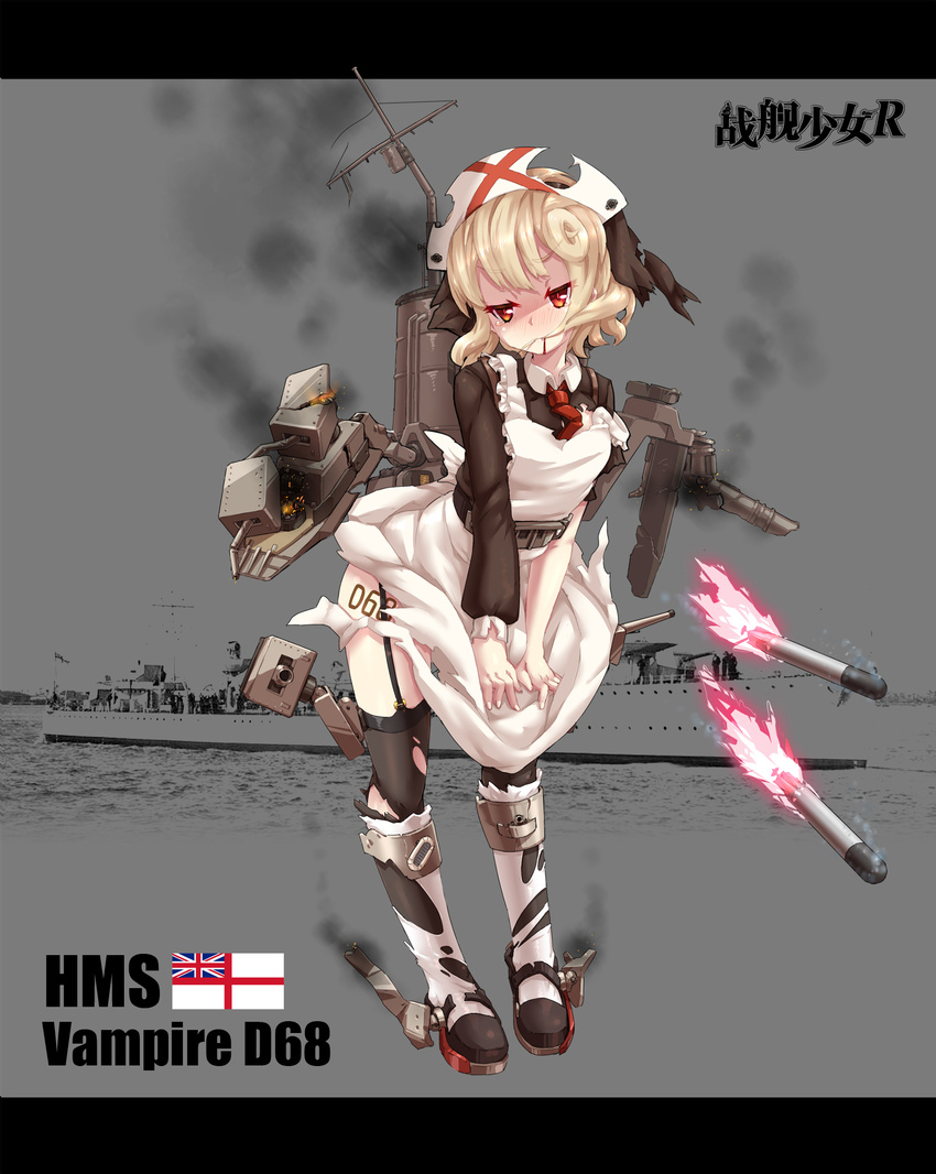 apron armband bangs black_legwear blonde_hair blood blood_on_face blush body_writing boots character_name covering covering_crotch damaged fang fire firing frilled_apron frills full_body garter_straps hair_in_mouth hairband hat highres leaning_forward looking_away machinery mecha_musume necktie nurse_cap official_art red_eyes rigging short_hair sirills smoke solo standing tears thighhighs torn_clothes torn_legwear torpedo union_jack vampire_(zhan_jian_shao_nyu) zhan_jian_shao_nyu