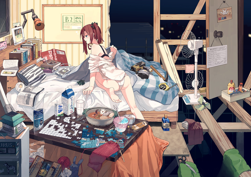 alcohol barefoot bed bedroom blanket book book_stack bookmark bra brown_hair cable chikuwabu_(food) cotton_ball cup daikon desk_lamp drinking_glass drinking_straw egg electric_fan electric_socket food fork glass glue_stick highres hitogome indoors jigsaw_puzzle knife knitting_needle lamp light_bulb long_legs messy_room milk_carton needle oden off_shoulder open_book open_mouth original panties pickaxe picture_frame pillow puzzle puzzle_piece revision scarf scissors scrunchie shaved_ice solo stapler stuffed_animal stuffed_bunny stuffed_toy stuffing tablet_pc tape_measure underwear white_panties yarn yarn_ball