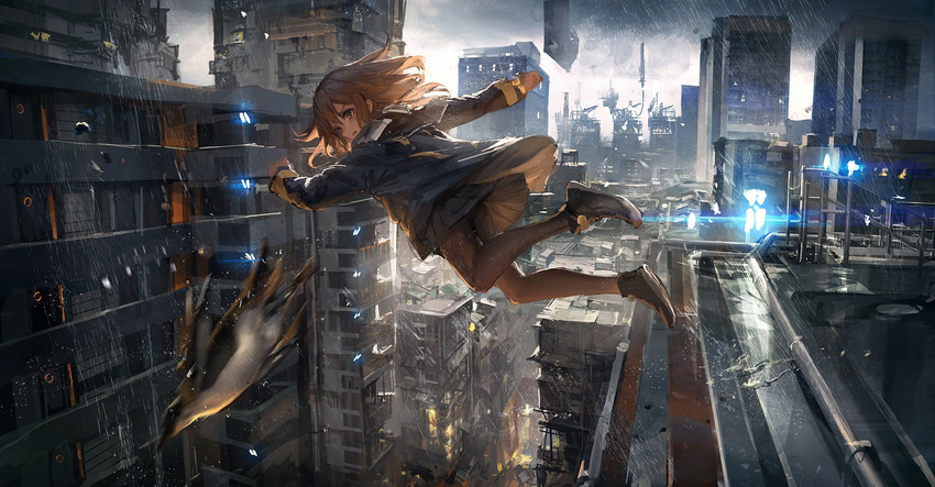 :o animal backlighting balcony bangs bird black_footwear black_jacket black_skirt blurry brown_eyes brown_hair brown_legwear building character_request city cityscape depth_of_field destruction floating_hair full_body grey_sky highres jacket jpeg_artifacts jumping light_rays lm7_(op-center) long_sleeves looking_to_the_side miniskirt motion_blur open_mouth original outdoors outstretched_arms pantyhose parted_lips penguin pipes pleated_skirt rain rooftop shoes skirt skyscraper solo water window
