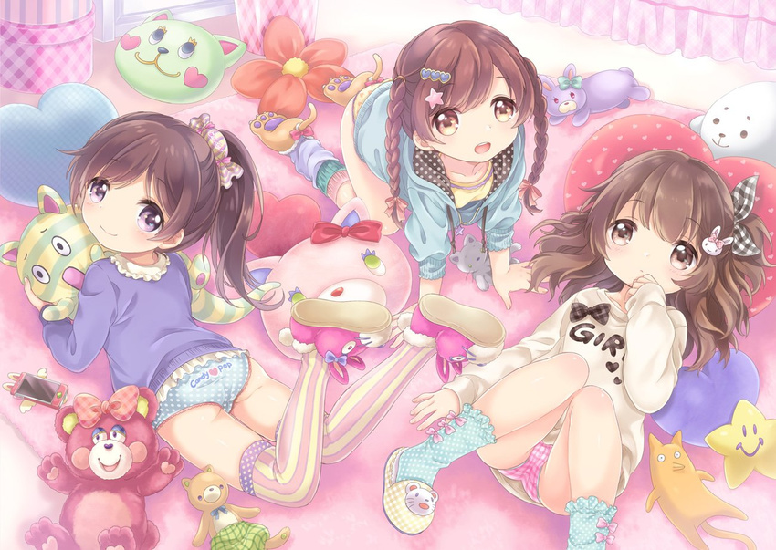 all_fours animal_slippers ass bad_id bad_pixiv_id bed blue_panties braid brown_eyes brown_hair cellphone child clothes_writing hair_ornament hairclip heart heart_panties heart_print hood hug jacket kneehighs knees_together_feet_apart konayama_kata legs_up long_hair looking_back lying multiple_girls no_pants on_back on_stomach open_mouth original panties paw_shoes phone pillow pink_panties plaid plaid_panties polka_dot polka_dot_legwear polka_dot_panties ponytail print_panties purple_eyes ribbon shirt shoes side_ponytail slippers smile socks striped striped_legwear stuffed_toy sweater thighhighs twin_braids twintails underwear vertical-striped_legwear vertical_stripes yellow_panties