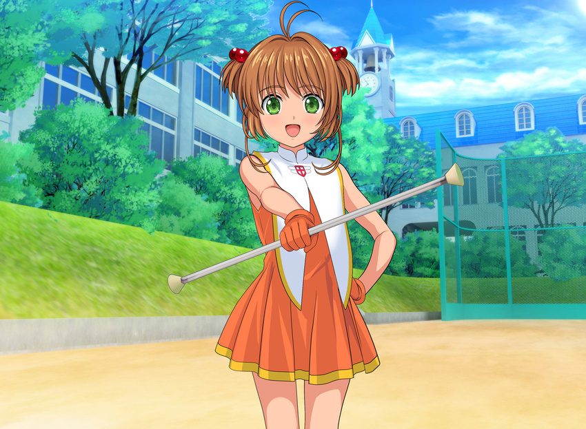 antenna_hair bare_shoulders baton brown_hair cardcaptor_sakura cheerleader dress fence flat_chest gloves green_eyes hair_bobbles hair_ornament kinomoto_sakura looking_at_viewer mutsuki_(moonknives) open_mouth school short_dress short_hair smile solo