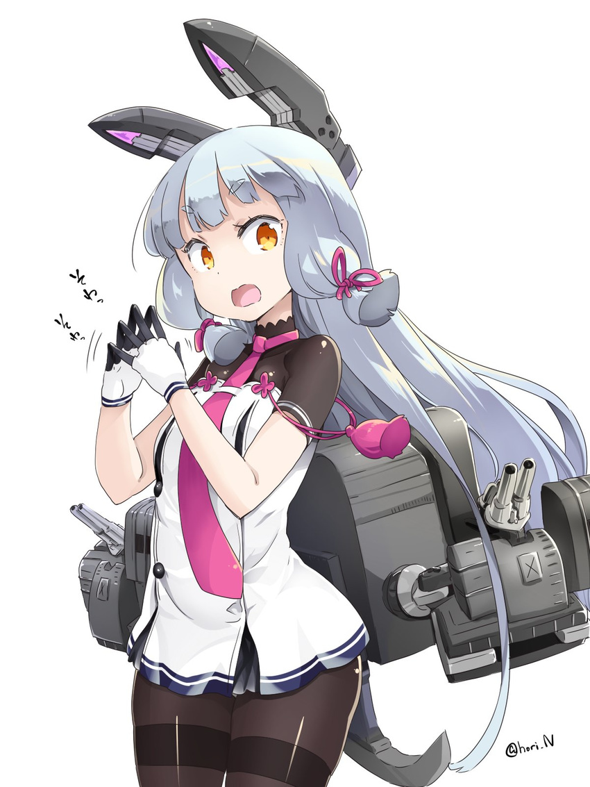 anchor bangs black_gloves black_legwear blunt_bangs commentary_request cowboy_shot crop_top dress gloves hair_ribbon headgear highres kantai_collection long_hair looking_at_viewer machinery murakumo_(kantai_collection) nino_(shira) open_mouth orange_eyes pantyhose remodel_(kantai_collection) ribbon sailor_dress school_uniform serafuku short_eyebrows short_sleeves sidelocks silver_hair solo tassel thighband_pantyhose tress_ribbon turret twitter_username white_gloves