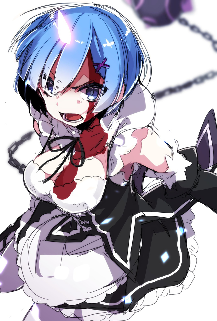 ball_and_chain blood blood_on_face bloody_clothes blue_eyes blue_hair blurry breasts chain depth_of_field detached_sleeves dress flail frills gloves glowing_horn hair_ornament highres horn looking_at_viewer maid medium_breasts oni_horns open_mouth re:zero_kara_hajimeru_isekai_seikatsu rem_(re:zero) short_hair solo sparkle takeshima_(nia) teeth weapon white_legwear x_hair_ornament