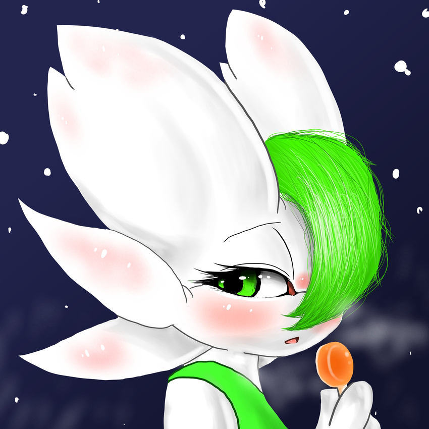 2016 blush candy clothing female flewnbour food green_eyes green_hair hair hi_res mammal rime_the_vixen snow snowing solo