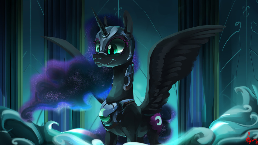 absurd_res alumx armor black_fur cosmic_hair cutie_mark equine eyelashes feathered_wings feathers female feral friendship_is_magic fur green_eyes hi_res horn inside mammal my_little_pony nightmare_moon_(mlp) smile solo standing winged_unicorn wings